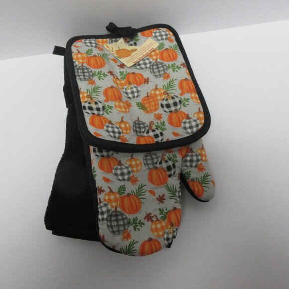 Fall Pumpkin Kitchen Set Dish Towel Pot Holder Oven Mitt Fall Autumn 5 pc set - Picture 2 of 3